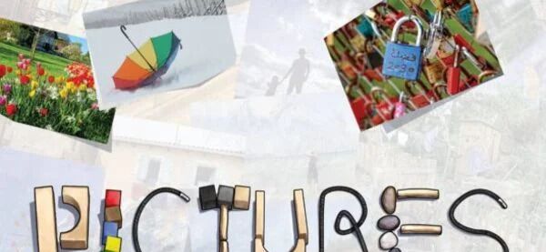 Der Karton des Spiels ist hell. Es sind einige kleine Fotos auf dem Karton abgebildet. Ein Regenschirm, ein Hängeschloss, ein Leuchtturm, Schmetterlinge. In der Mitte steht “Pictures”. Die Buchstaben sind mit Holzbauklätzen, Steinen und Schnürsenkeln gema