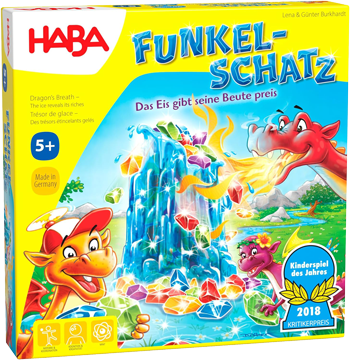 Auf dem Karton ist Mittig ein Eisberg zu sehen. Im Eisberg sind viele Diamanten. Um den Eisberg herum sind drei Drachen. Ein roter, ein kleiner pinker und ein orangener Drache. Sie spucken Feuer, umd das Eis zu schmelzen und die Diamanten zu holen.